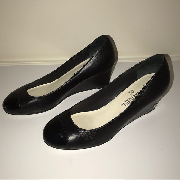 Chanel Black Leather Cap-Toe Wedges - Picture 1 of 1